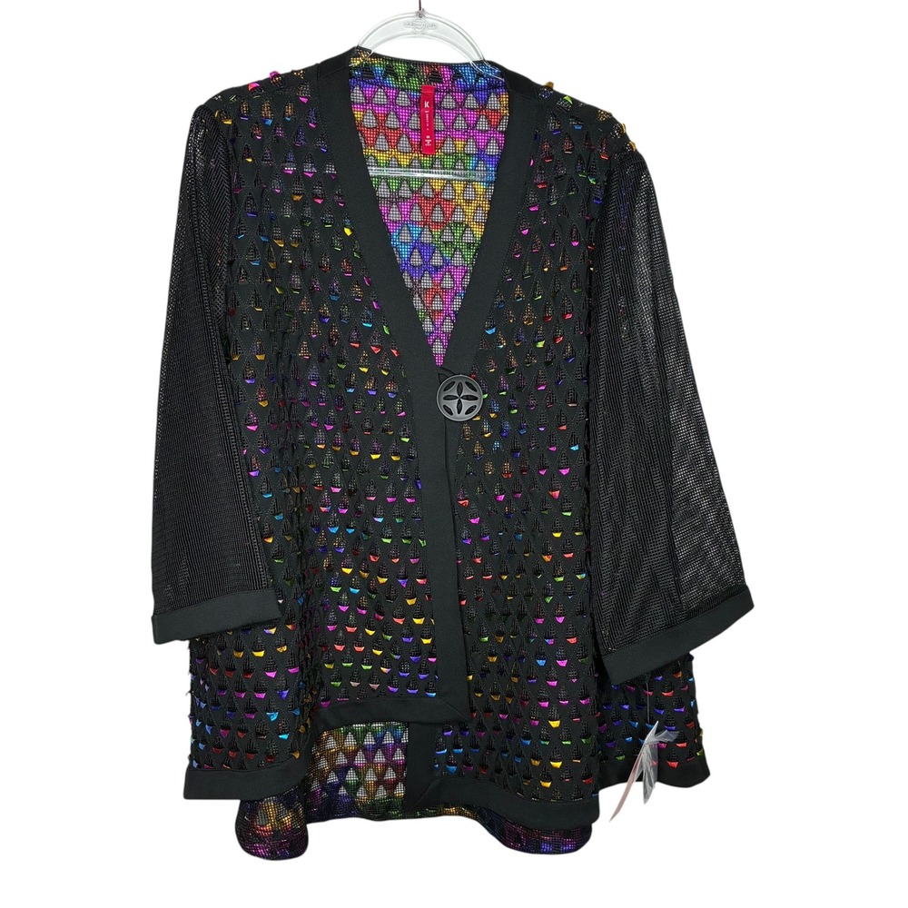 IC by Connie K Womens 2X Rainbow Metallic Mesh Cardigan Black Multi Plus NWT